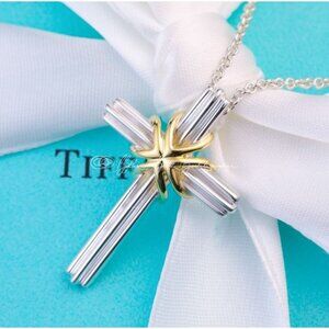 Tiffany & Co Cross Necklace Vintage Crucifix Large Pendant in 18K Gold & Silver